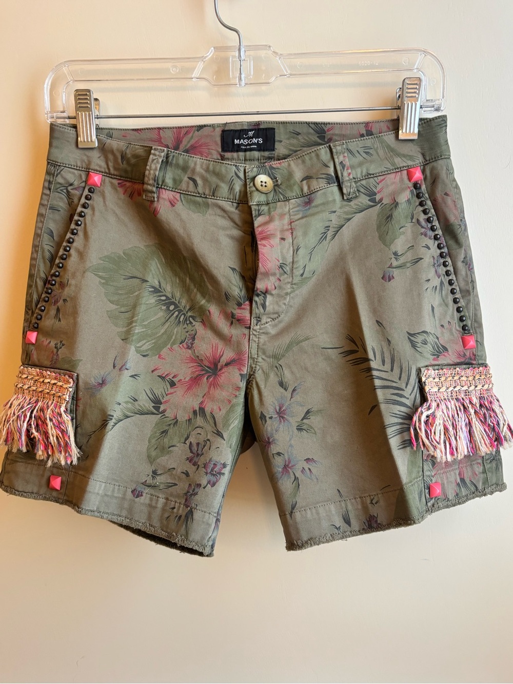 Mason’s Green Floral Utility Shorts Fringe details